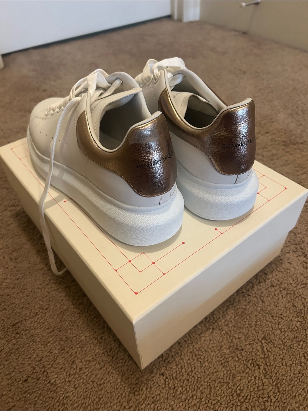 Alexander McQueen White Leather Sneakers with Metallic Bronze Heel Tab